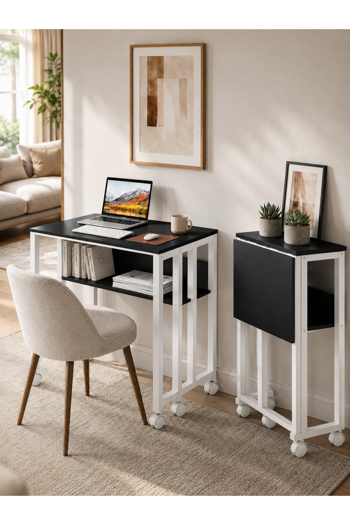 Wheeled Desk Laptop Desk with Shelf Computer Desk Folding Student with Library Course Portable Small Table Sydney White-Black