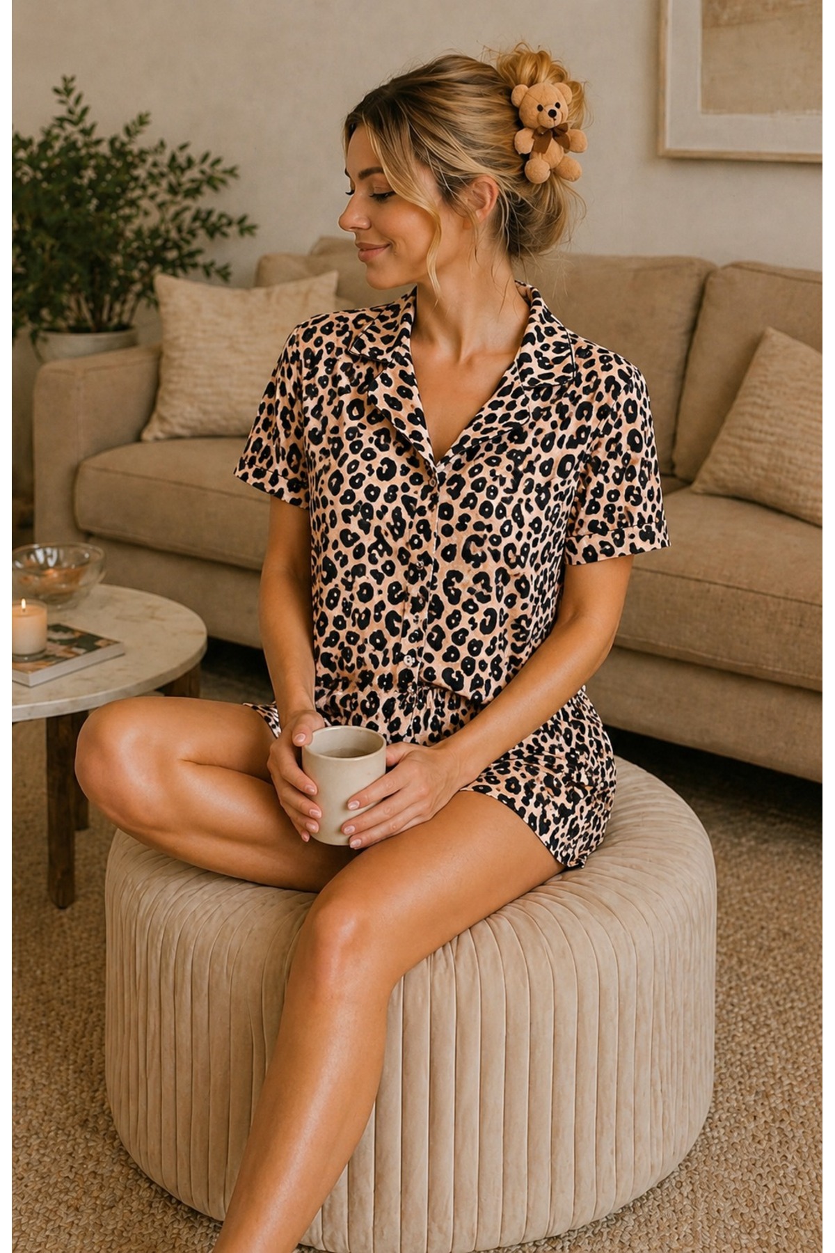 rindahomewear Set pantaloni scurți cu nasturi LEOPARD MILAN pentru femei
