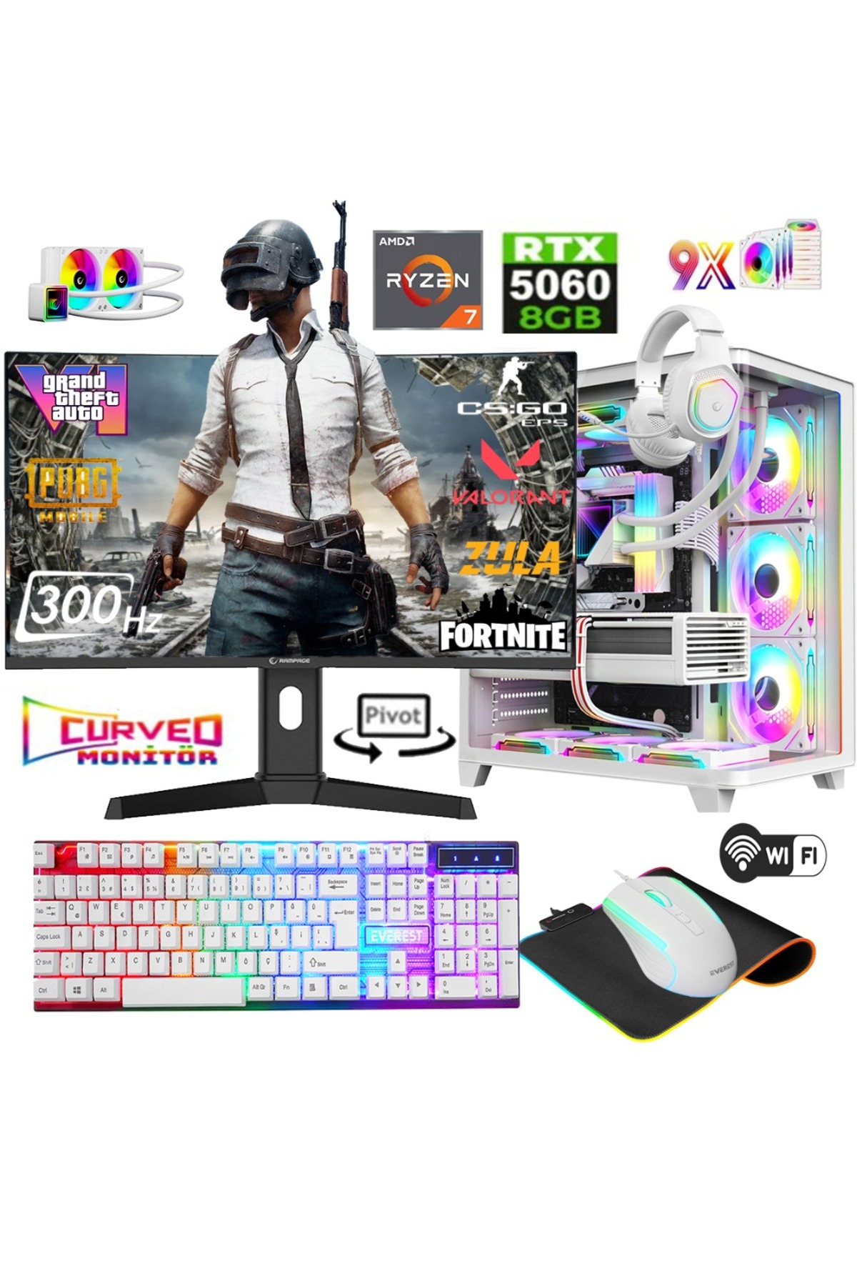 Apphirex TCW1 Ryzen 7 5700X 32GB 1TB M.2 SSD RTX5060 27'' 300HZ Curved Sıvı Soğutma Beyaz Masaüstü Oyuncu Bilgisayar