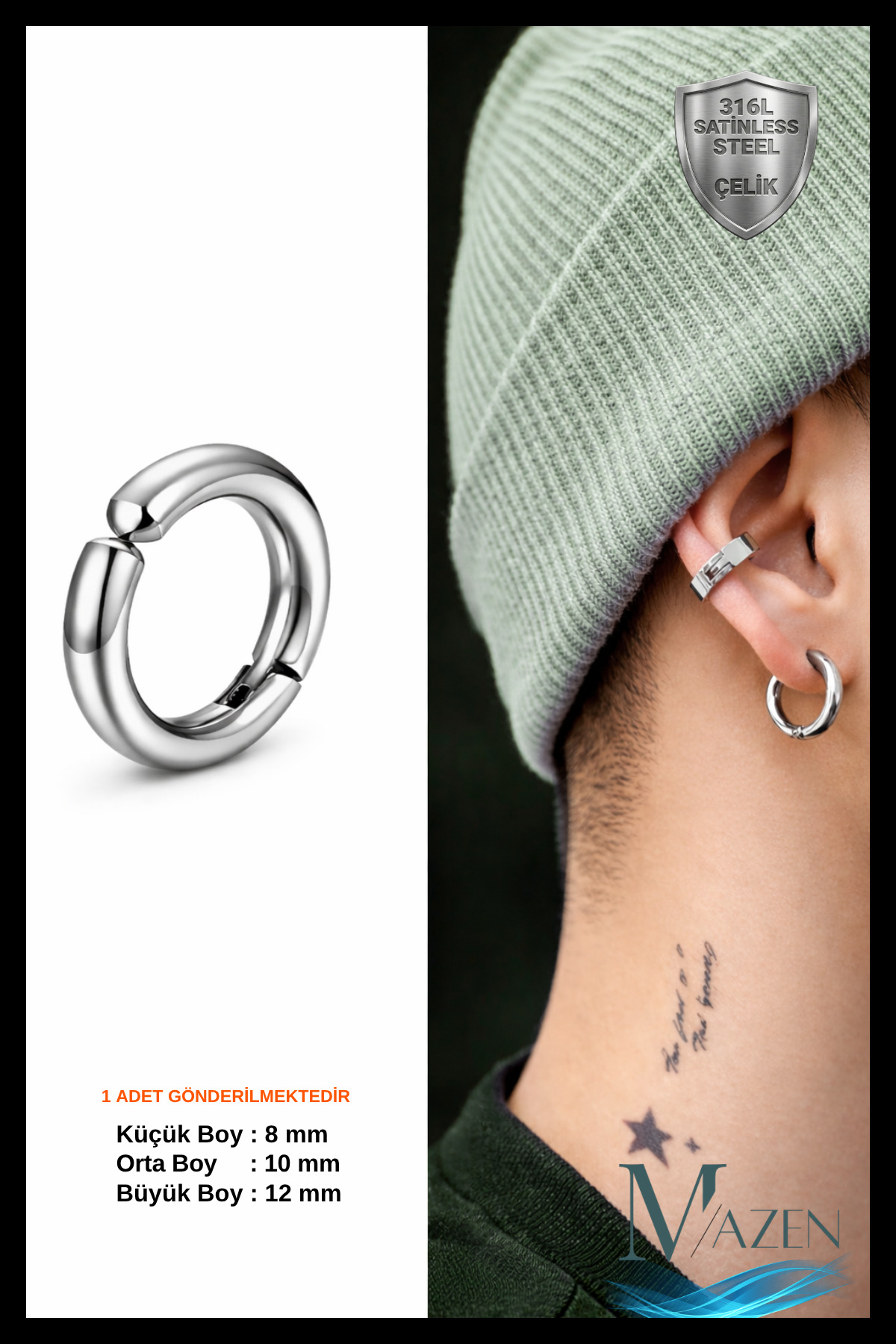 MAZEN Sıkıştırmalı Deliksiz Fake 316l Paslanmaz Cerrahi Çelik Unisex Küpe Kıkırdak Küpe Ear Cuff (1 ADET)