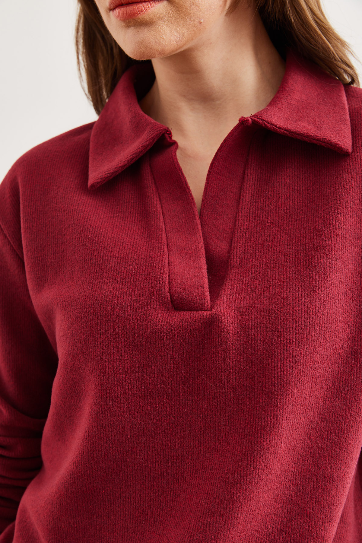 Olalook Kadın Bordo Polo Yaka Selanik Bluz BLZ-19002810 görsel 6