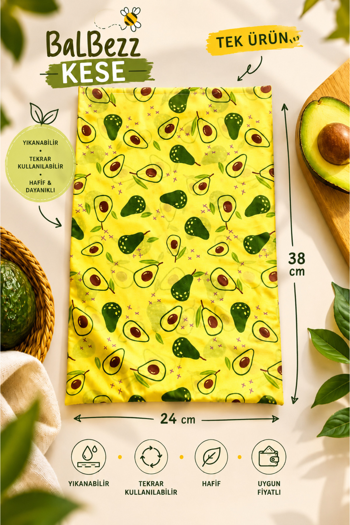 BalBezz Pouch Avocado Patterned Wax Pouch | Washable and Reusable Food Storage Pouch 24x38cm