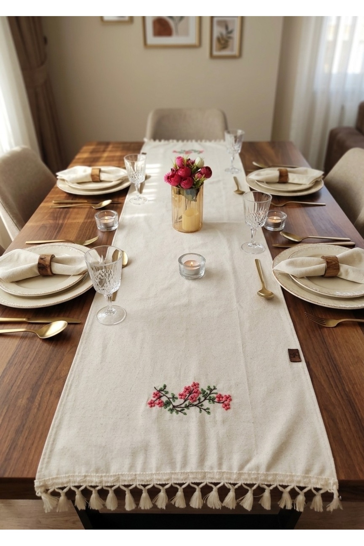 Embroidered Authentic Organic Soft Linen Runner with Fringe 47x120 cm