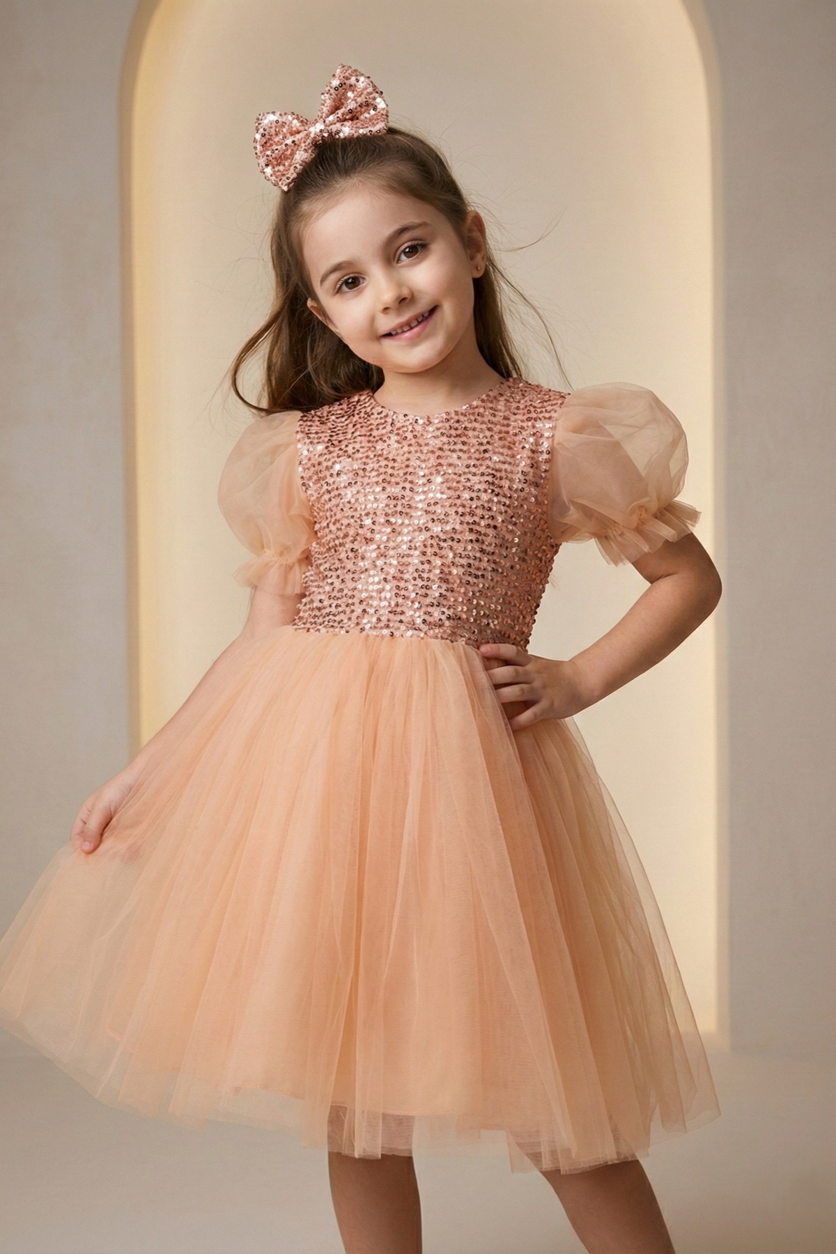Mnk Baby&Kids Balon Kol Pul Payet Kız Çocuk Tütü Elbise M00751 SOMON