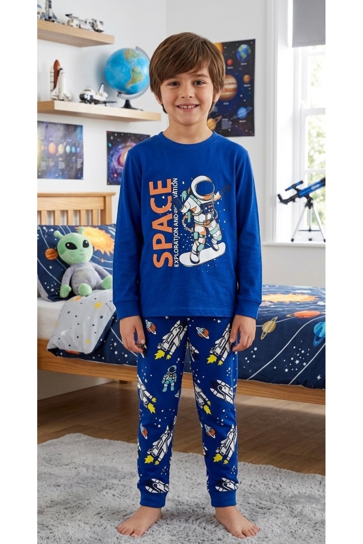 elmas kids Boys' 100% Cotton Cobalt Blue Astronaut Patterned Long Sleeve Pajama Set