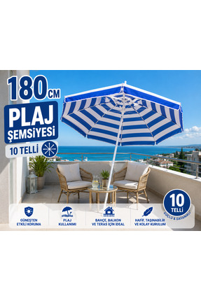 AYDINLAR STORE Mavi Beyaz Çizgili Plaj Şemsiyesi 180 cm | Balkon, Bahçe, Kamp...
