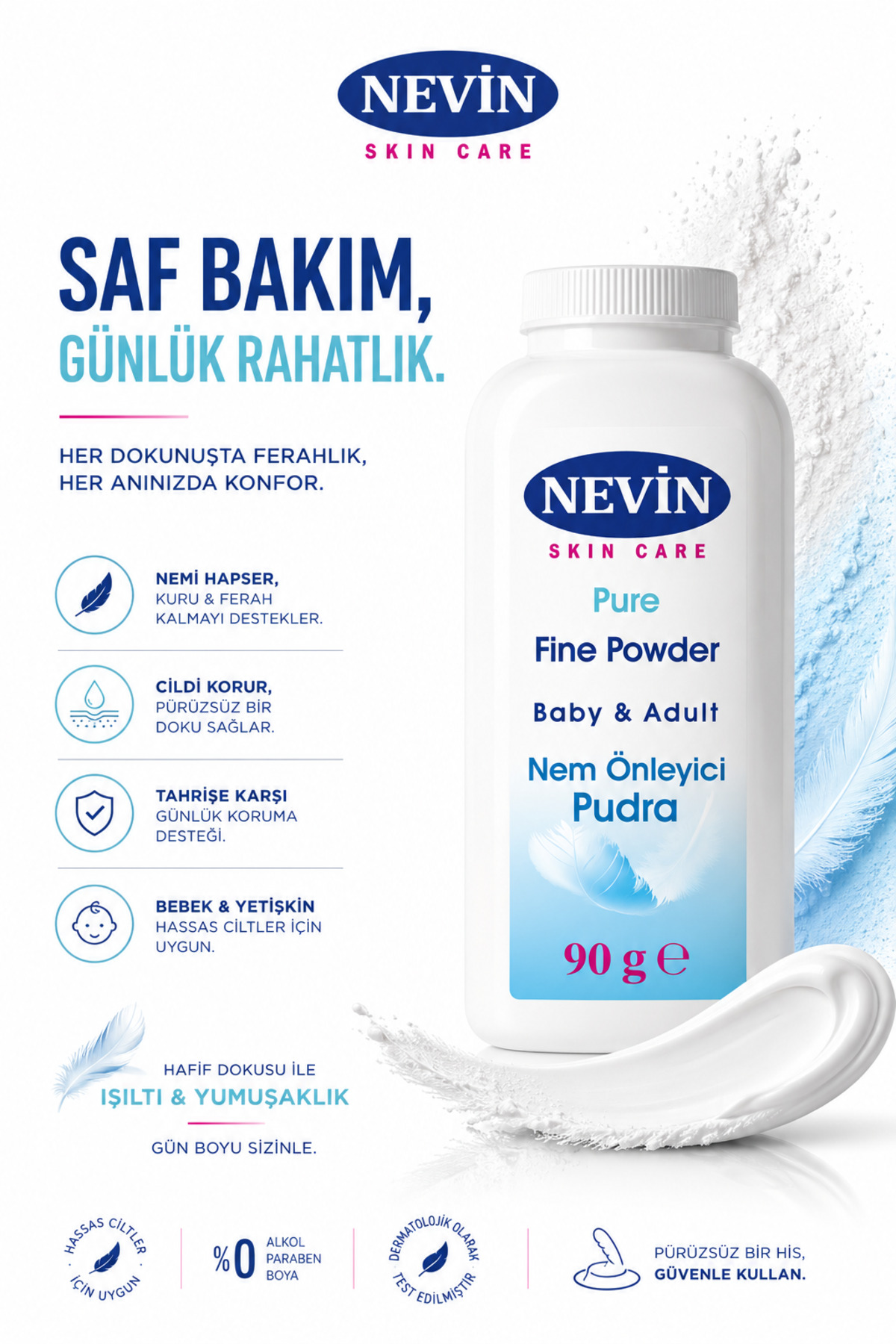 nevin Skin Care Bebek ve Yetişkin Nem Önleyici Pudra Pişik Karşıtı Hassas Cilt Koruyucu 90 GR