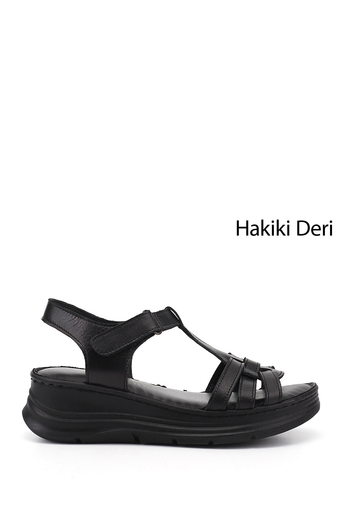 Women's Black Velcro Padded Heel Genuine Leather Sandals