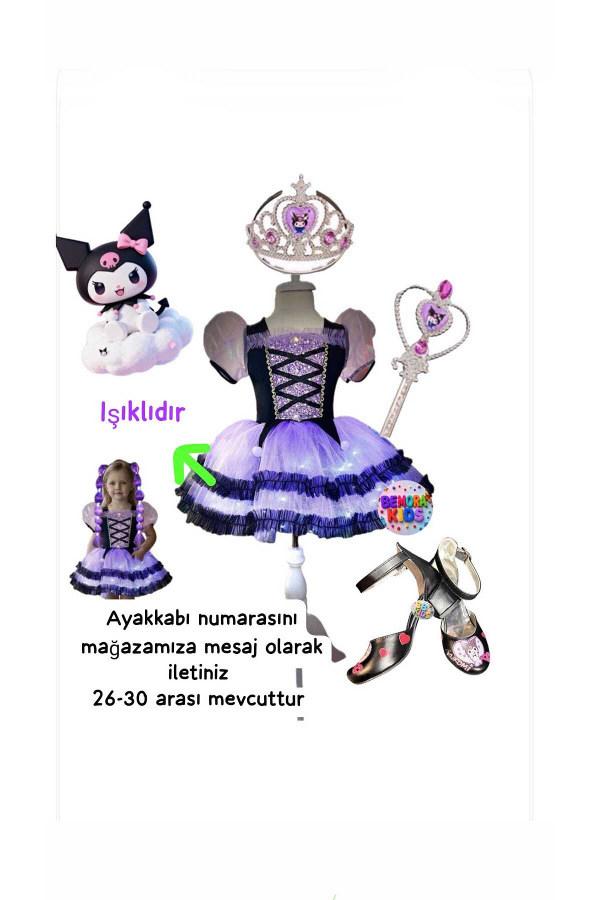 3b kids kuromi ışıklı kostüm kuromi elbise kuromi taç asa kuromi siyah özel tasarım topuklu ayakkabı seti