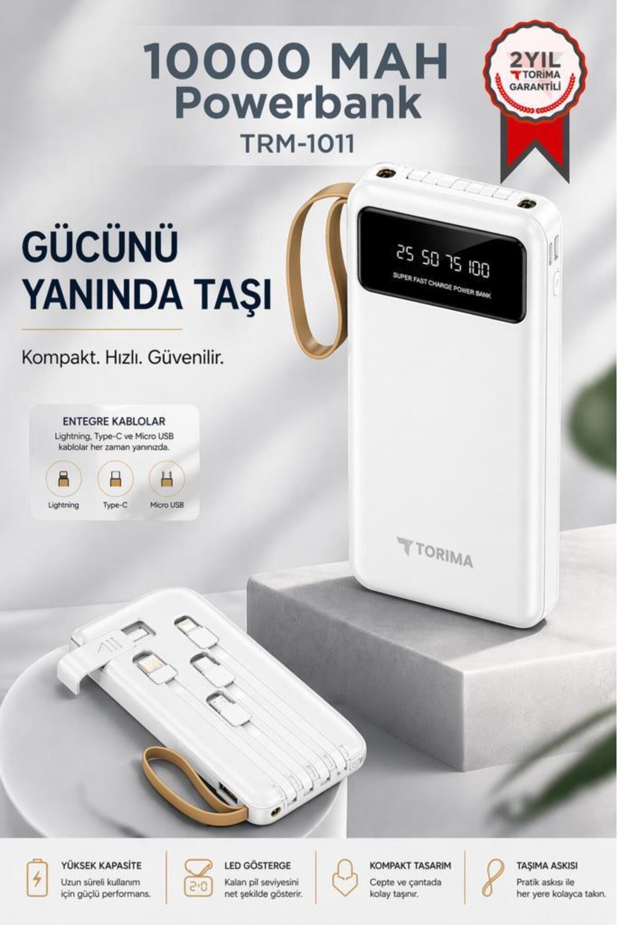 Torima Powerbank Dijital Göstergeli Kablolu 4 Çıkışlı 10.000 Mah Taşınabilir Şarj Aleti TRM1011 Beyaz