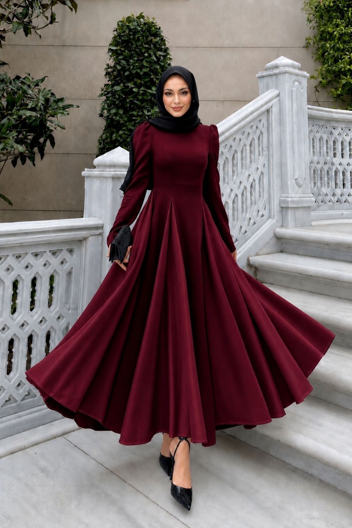 burgundy hijab dress Mira Crystal Maxi Set Featuring a drawstring waist for a customizable fit Rama Linen Wood Dress- Deep