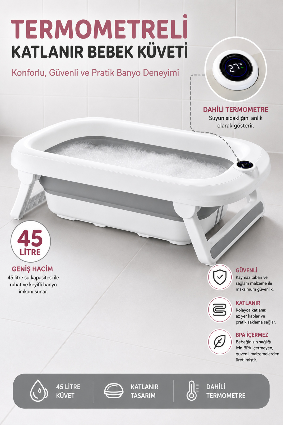 Folding Baby Bathtub with Non-Slip Base with Touch Screen and Graduated Thermometer 45 Lt Grey