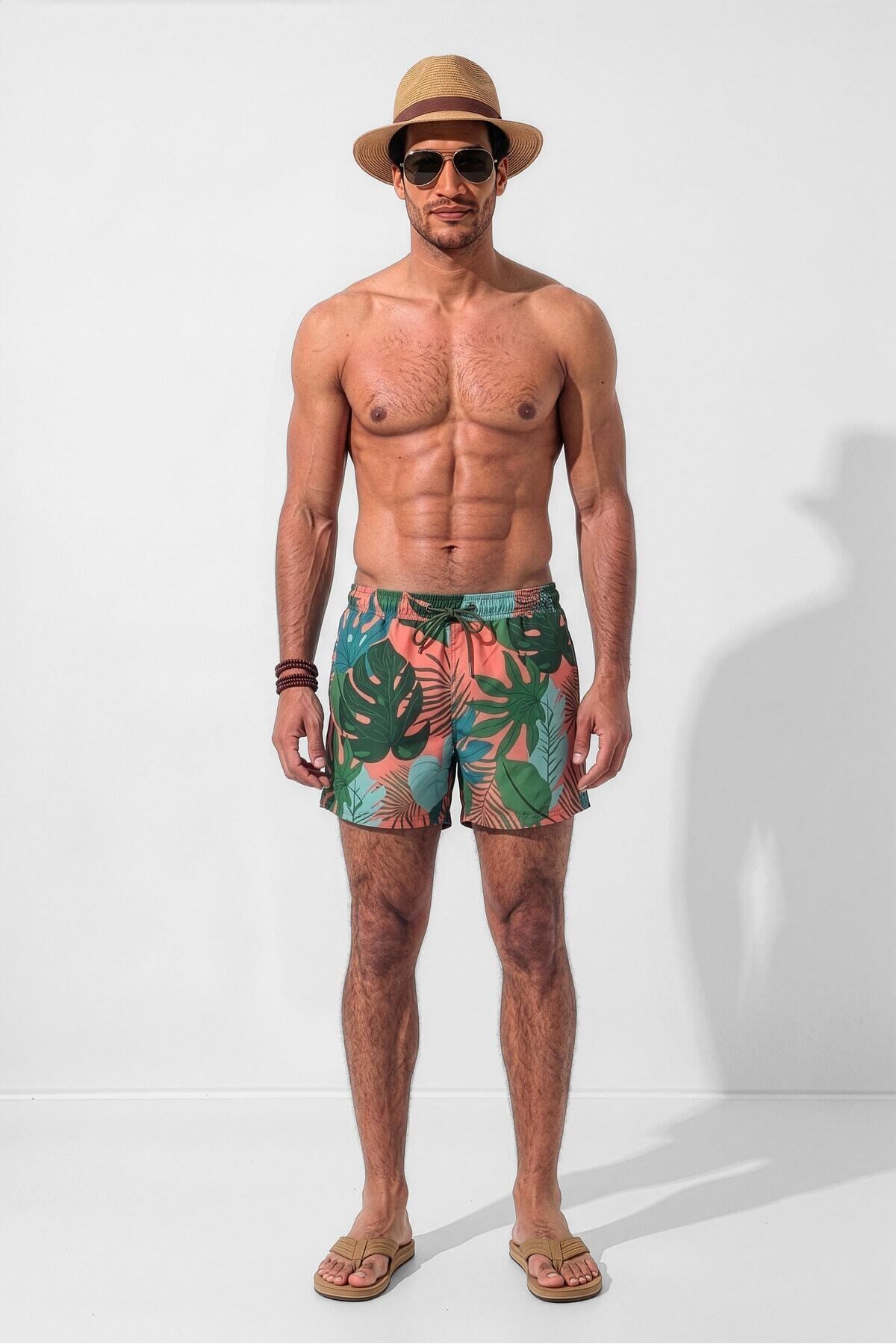 MARKAPIA Men's Leaf Patterned Pocketed Mesh Colorful Swim Shorts