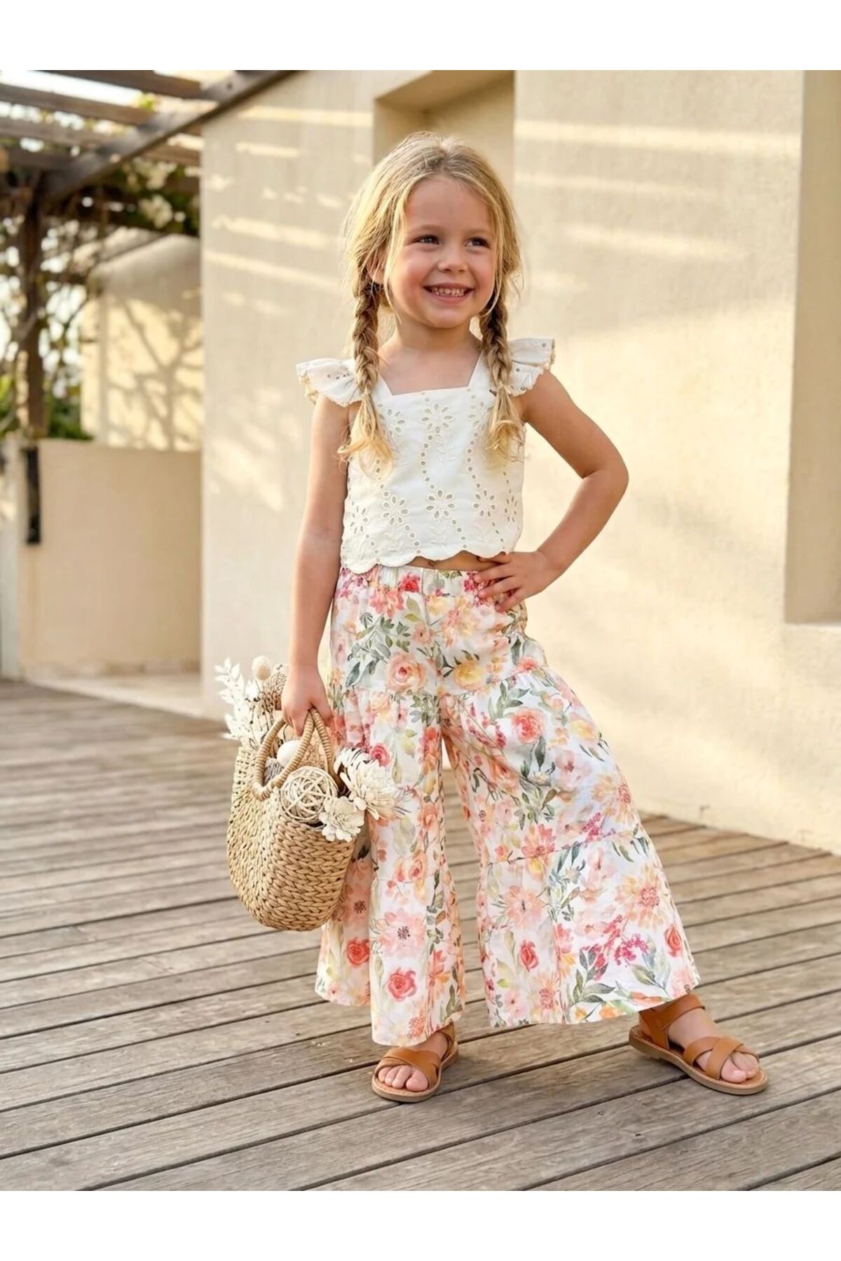 Alvadonna Fisto Blouse Wide-Leg Pants Flower-Patterned Girls' Top and Bottom Set