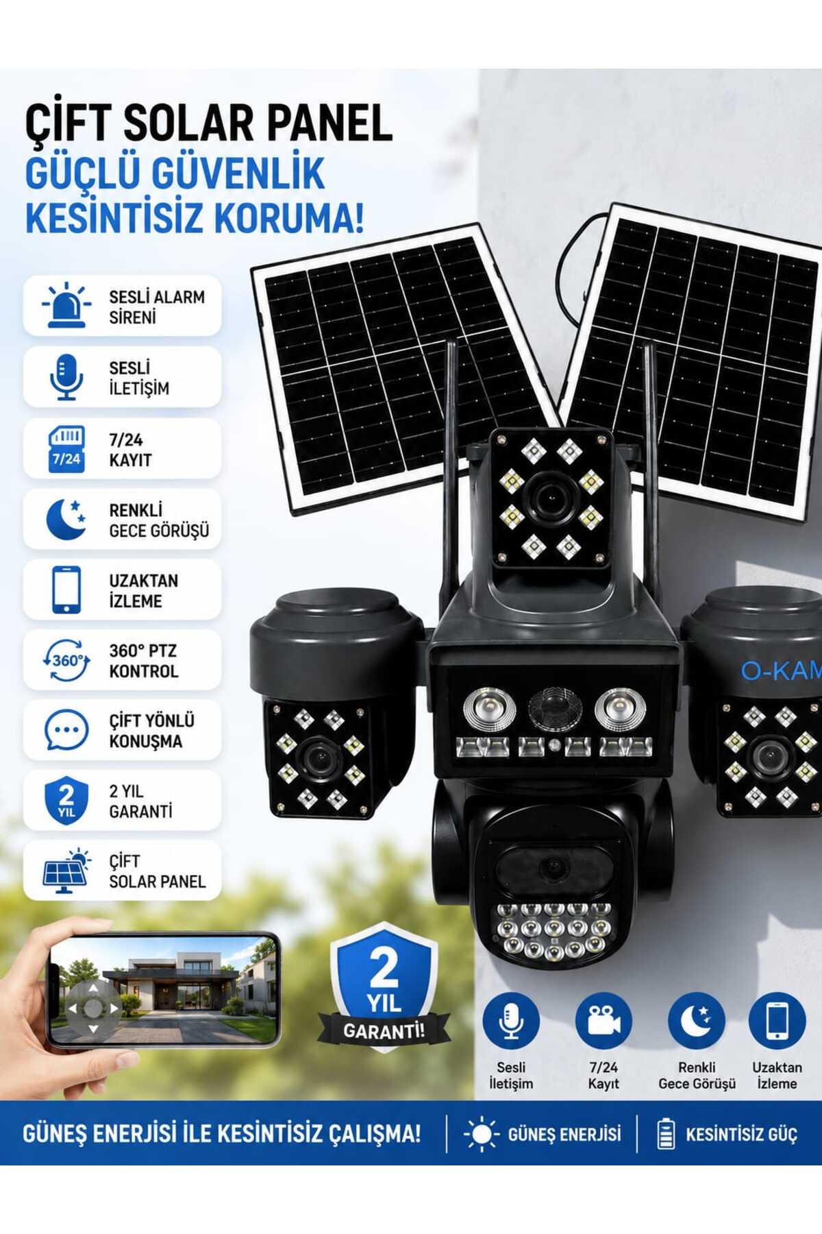 O-KAM PRO OKAM 332 PREMIUM 4 Lensli Çift Solar Panelli SIM Kartlı