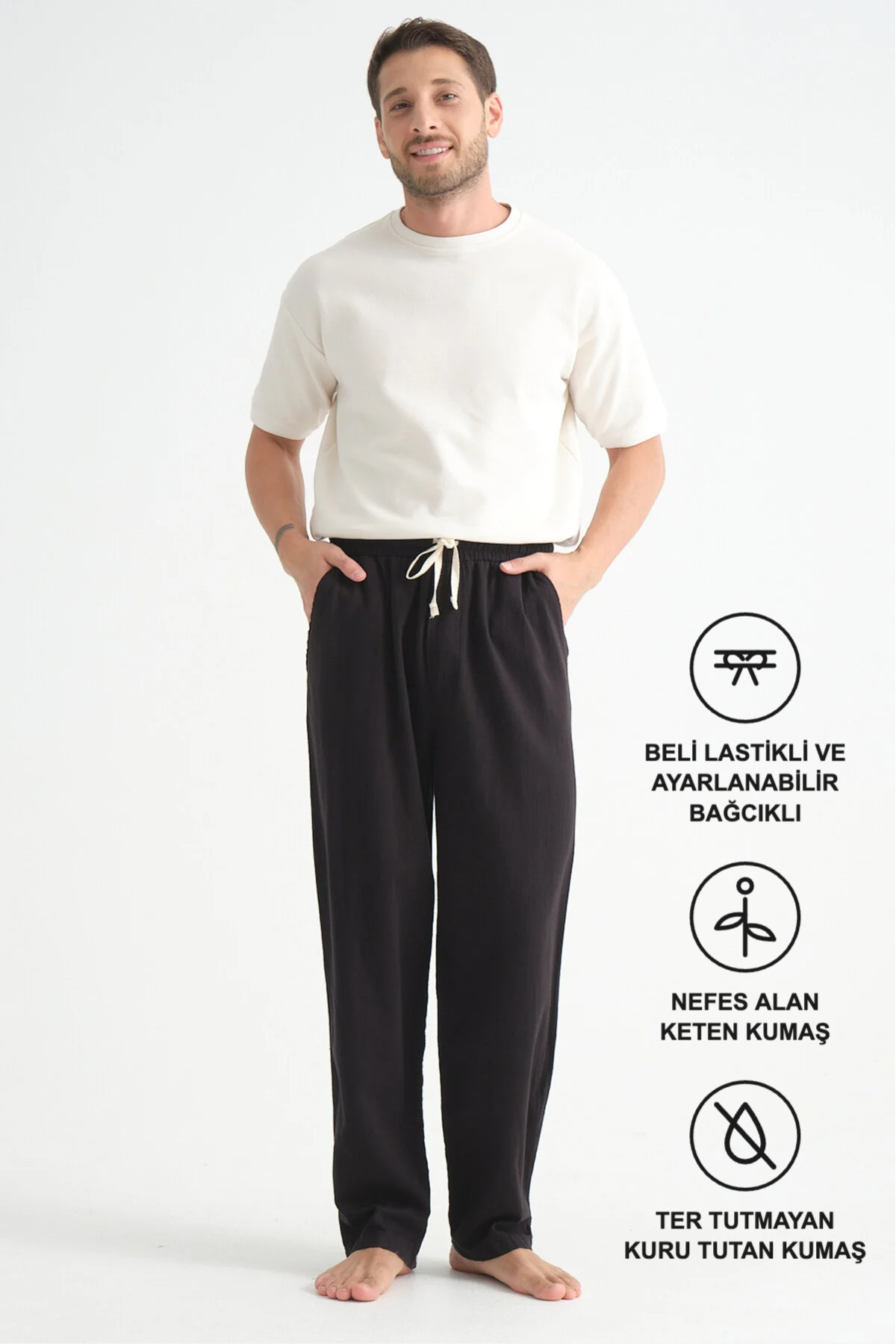 Redline Luxe Erkek Baggy Keten Karışımı Rahat Pantolon Bol Paça Yeni Sezon — مشکی 4003