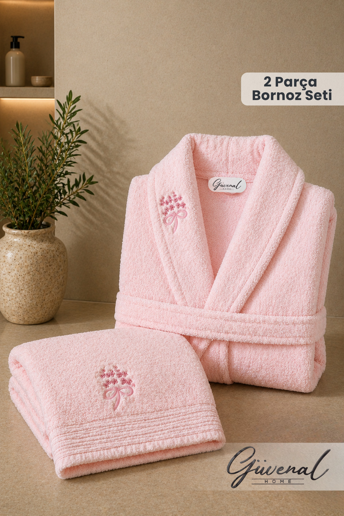 Güvenal Rüya 2 Piece Cotton Embroidered Bathrobe Set |   Bathrobe |   Towel |...