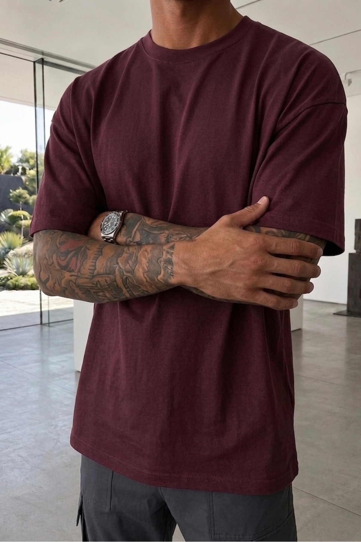assef Men's Oversize Wide Cut 100% Cotton Thick Textured Basic Crew Neck Burgundy T-Shirt