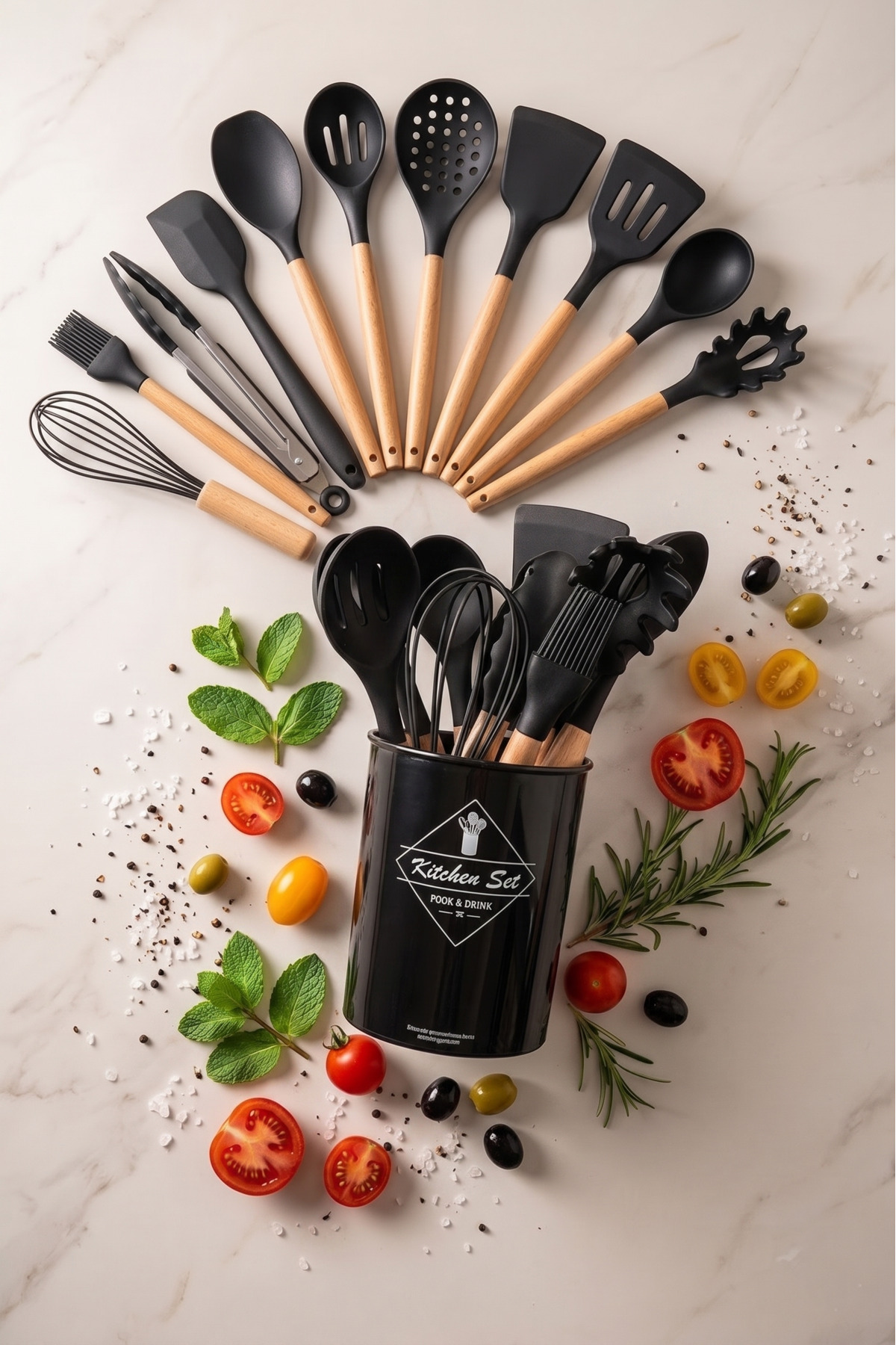 11-Piece Non-Stick Silicone Cookware Set with Wooden Handle (Black), SF546371,