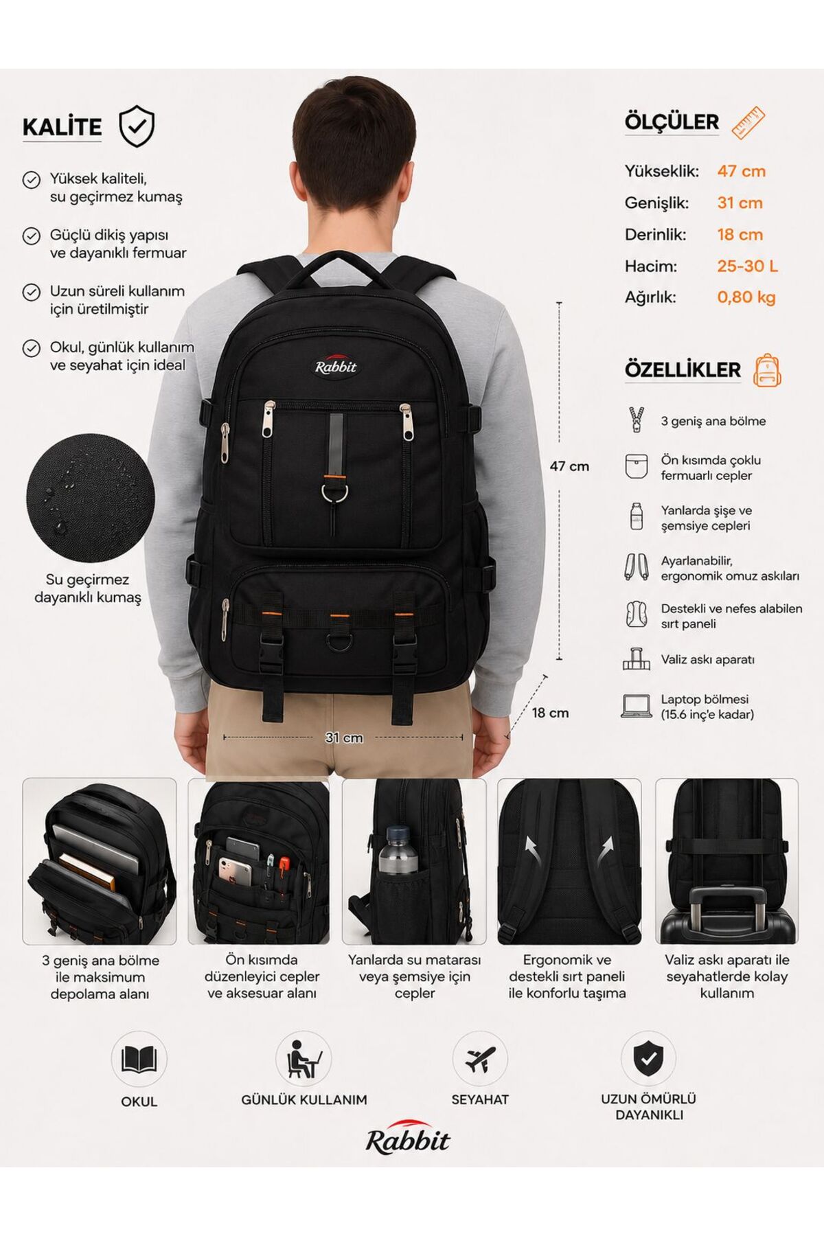 Çanta Trend Dağcı 60 Litre Outdoor Spor Kamp Çanta Suluk Gözlü Sıyah görsel 2