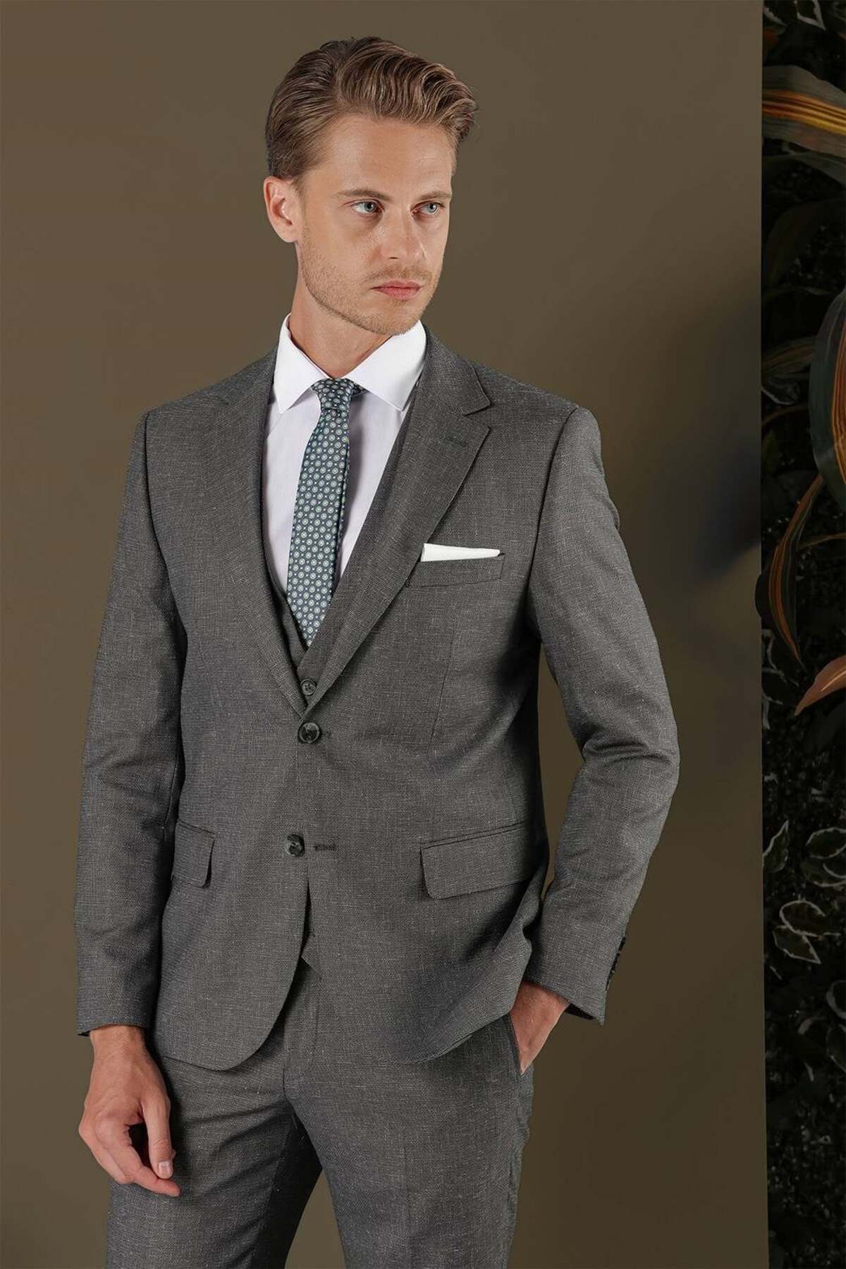 Slim Fit Mono Collar Textured Dark Grey Vest Suit TK 873 — رنگارنگ TK873Y1122 — تصویر 7 از 8