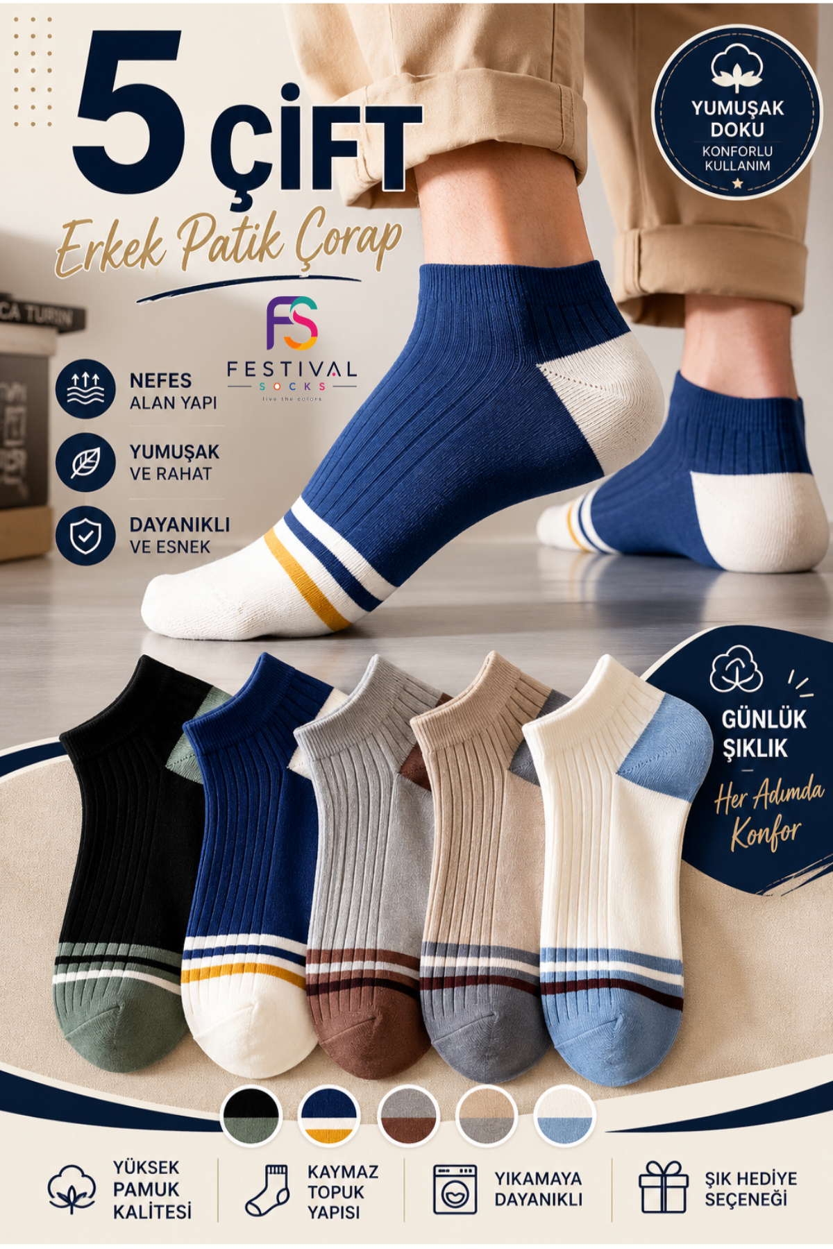 Festival Socks Erkek Patik Çorap 5'li Set Pamuklu Nefes Alan Esnek Günlük Sneaker Çorap 40-44