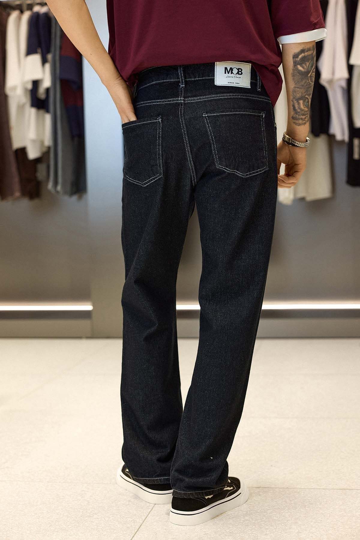 ablukaonline Erkek Baggy Fit Kontrast Dikişli Jean Pantolon Siyah görsel 7