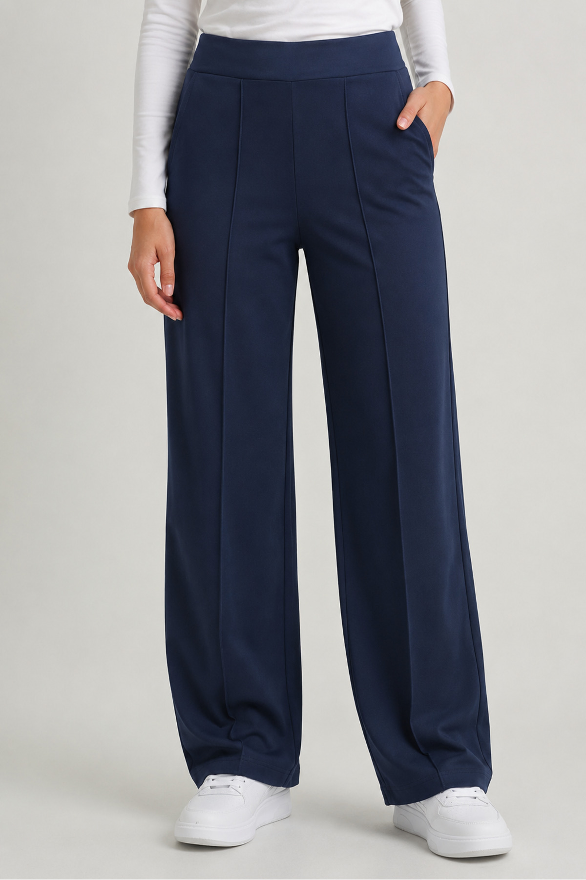 MODASPARK Navy Blue High Waist Women's Palazzo Trousers with Pockets