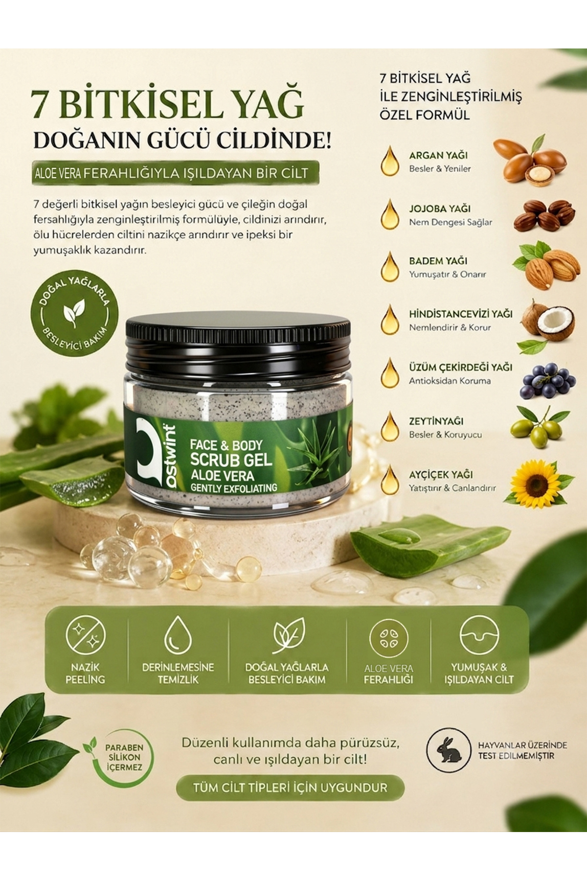 Scrub Jel Aloe Vera Özlü Yüz Ve Vücut Peelingi 300 ml — 8682943403319 — تصویر 4 از 7