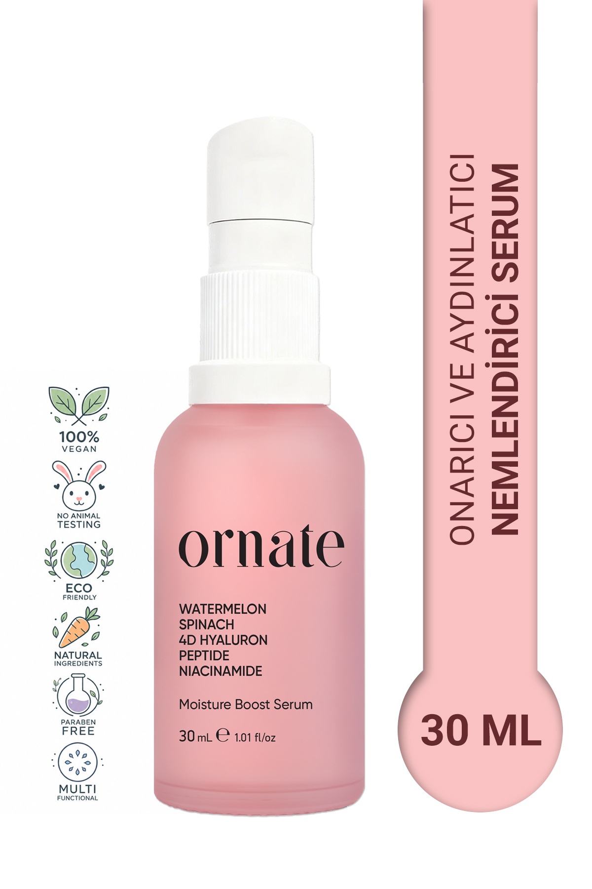 ORNATE Yoğun Nemlendirici, Onarıcı, Aydınlatıcı Hyaluronik Asit Cilt Bakım Peptit Serum Niacinamide — NS