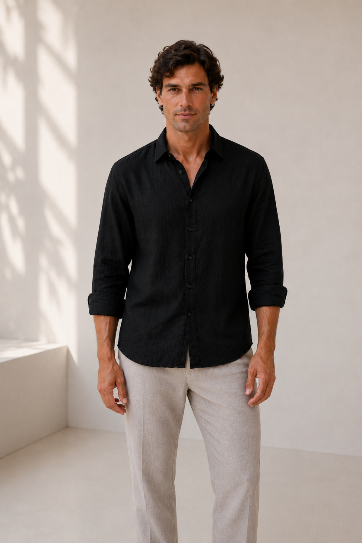Black 100% Pure Linen Fabric Regular Mold Comfortable Cast Long Sleeve Shirt