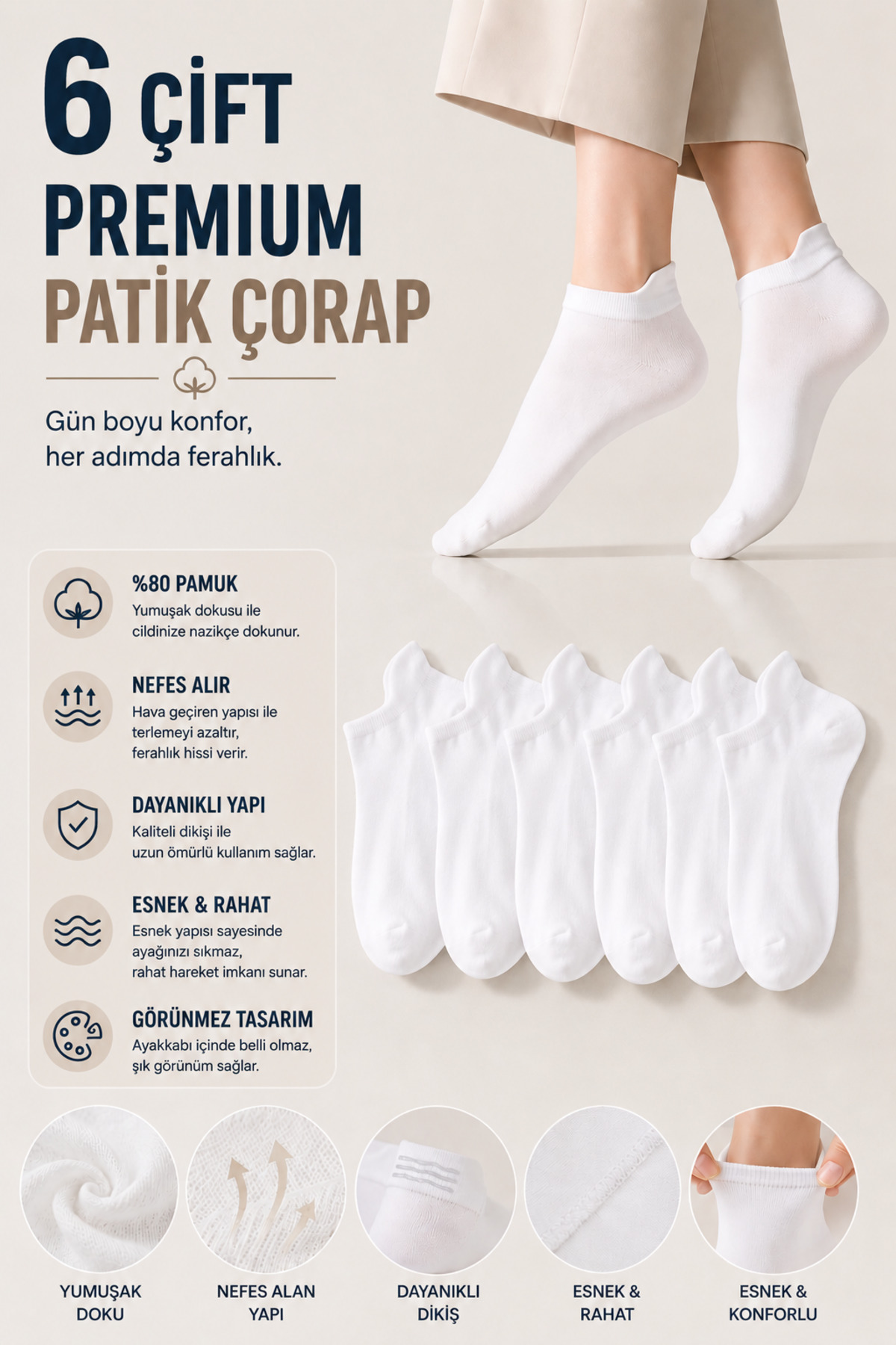 Socks Stores 6 pari unisex sportske cipele sa belim ušima, pamučne čarape i p...