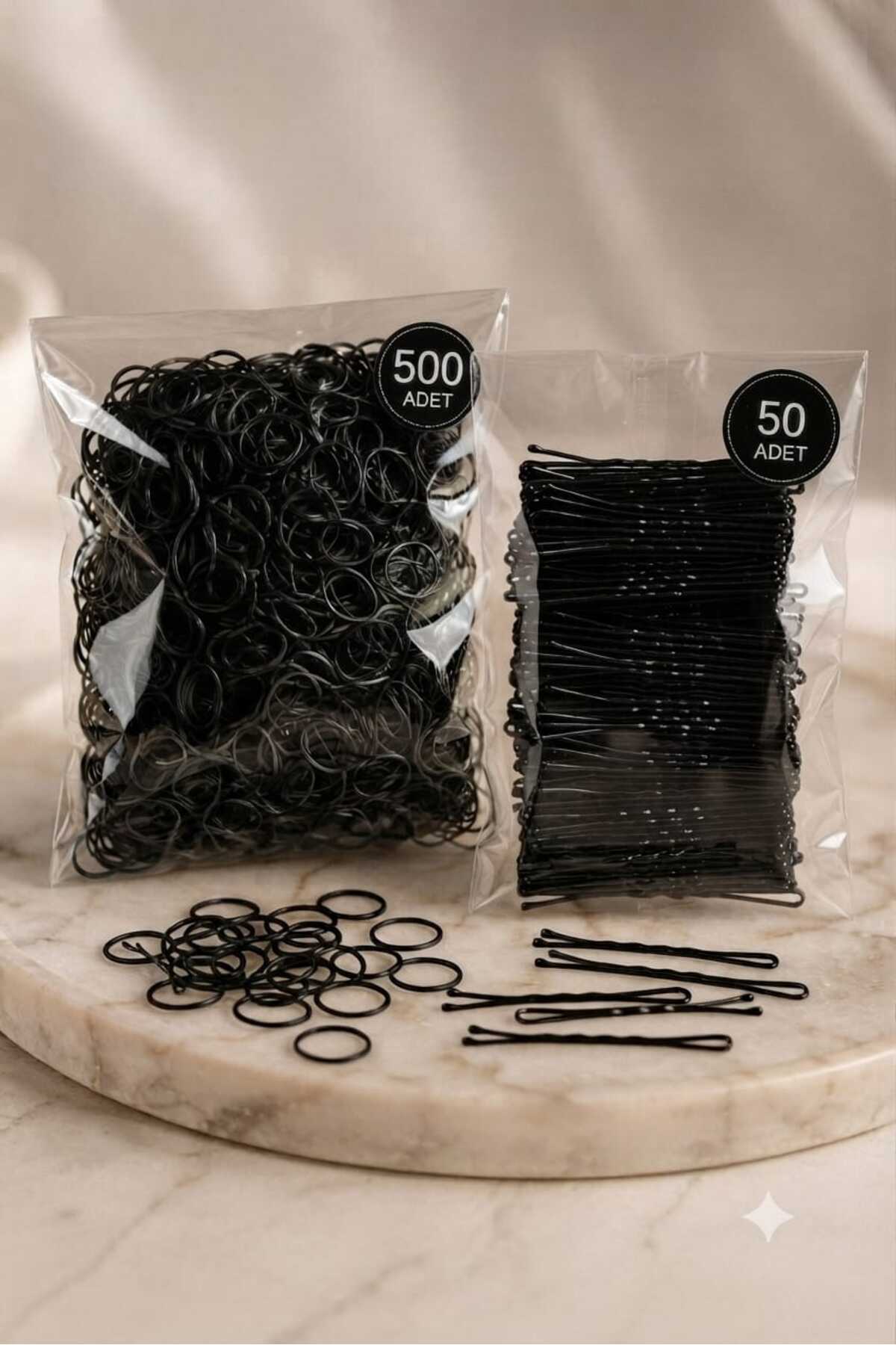invictus design Kadın 2'li Siyah 50'li Tel Toka Ve 500'lü Minik Lastik Toka Saç Örgü Set