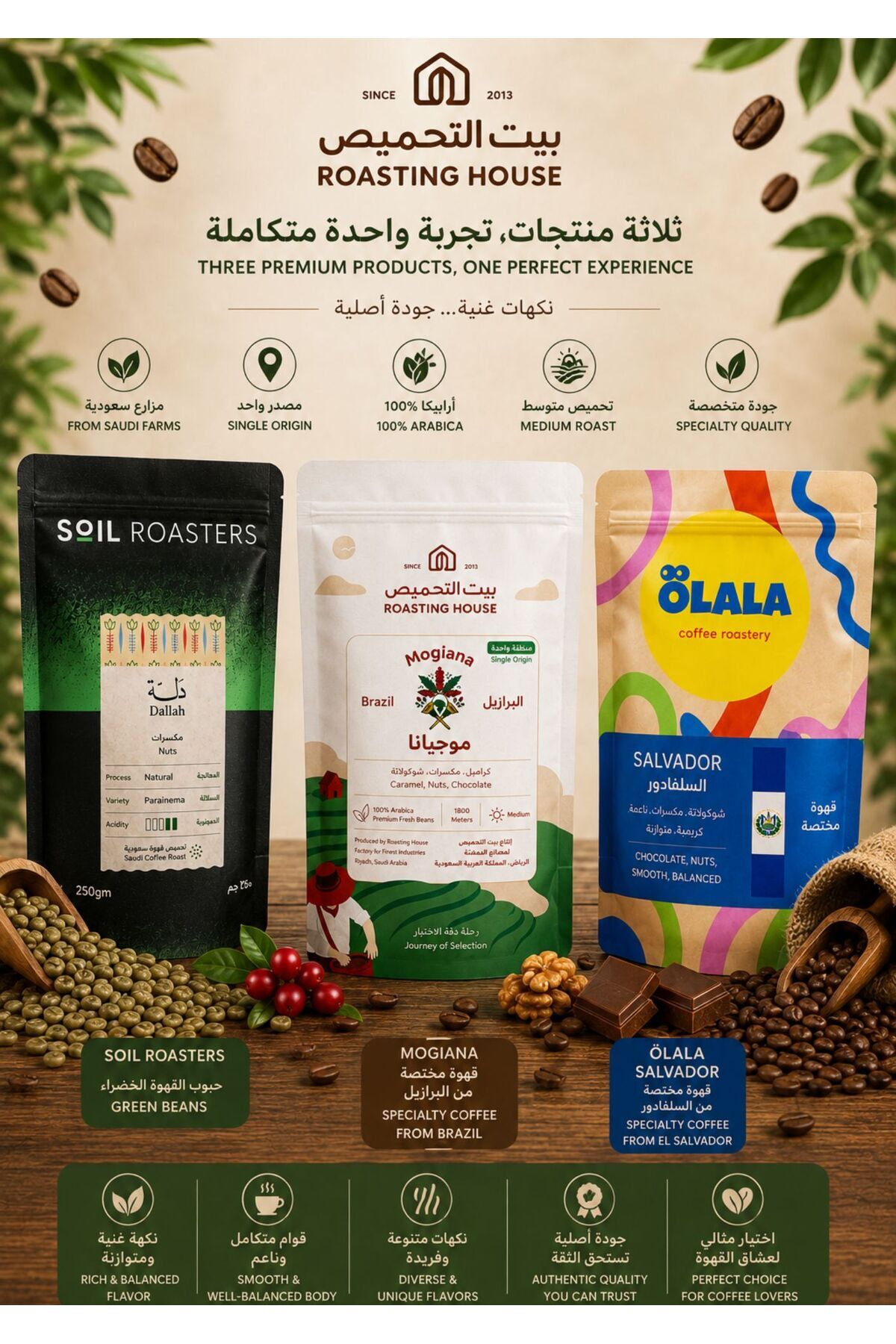 DOPPİO مجموعة القهوة الفاخرة من SOIL Roasters - حبوب خضراء، كولومبيا أحادية ا...