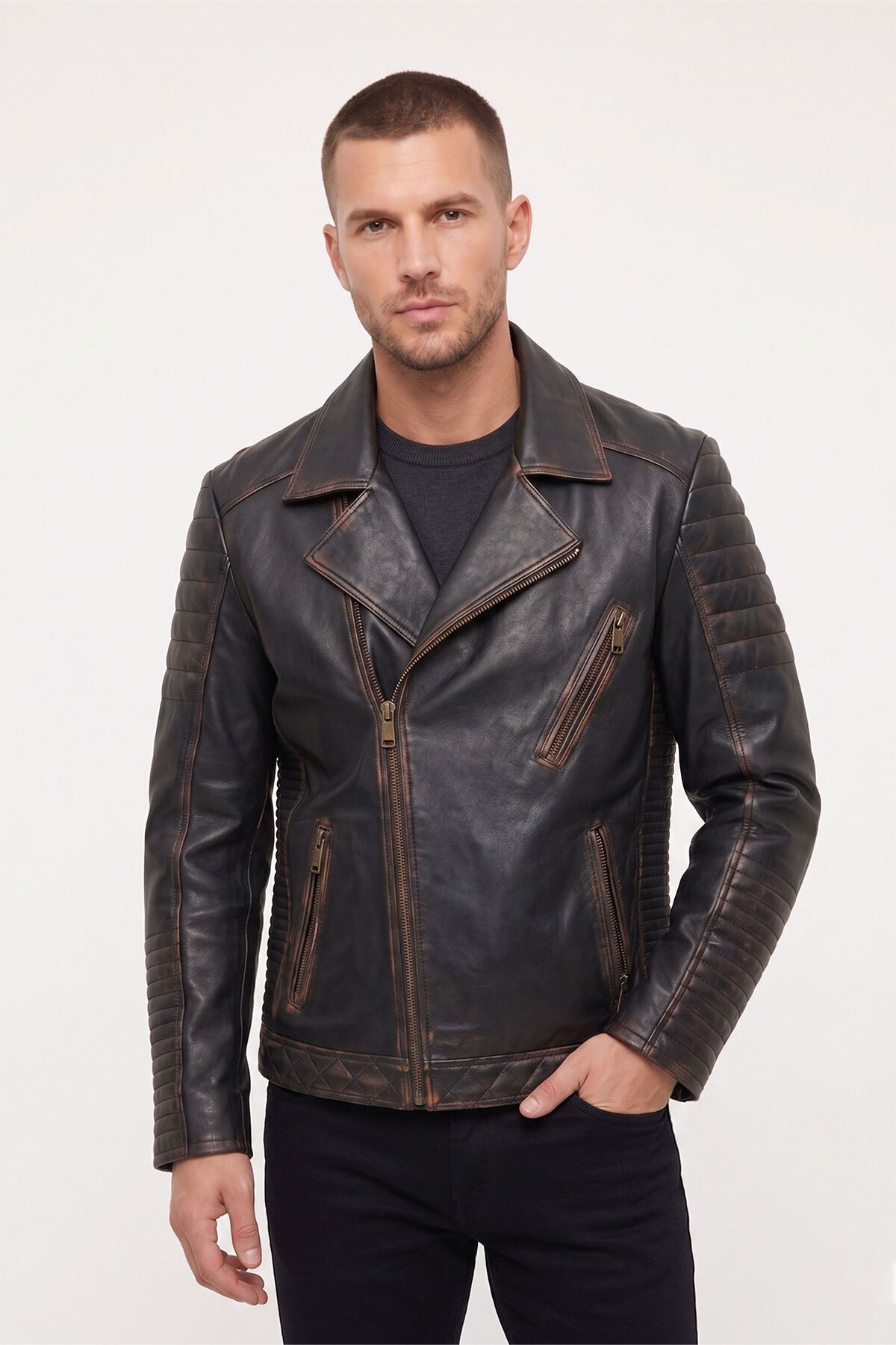 Black Black Blackout Back Dry Head Warm Printed Biker Biker Francis Zipper Men Genuine Leather Coat