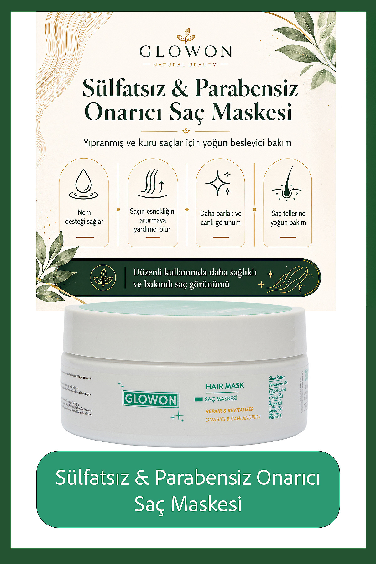 GLOWON Sülfatsız & Parabensiz Onarıcı Saç Maskesi – Yıpranmış ve Kuru Saçlar İçin Yoğun Bakım 250 ML — 8684771105120