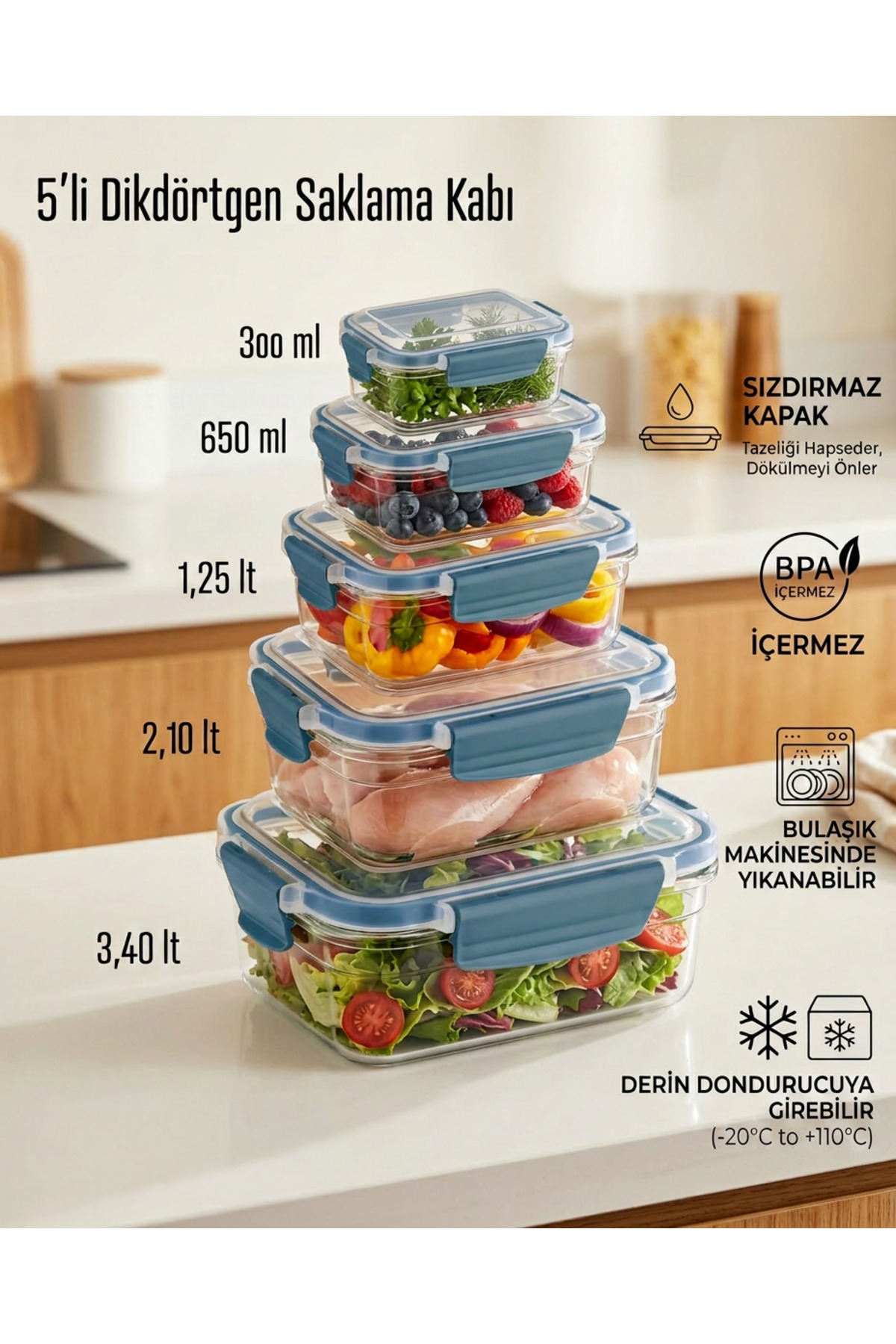 MAXİFRESH Saklama Kabı Seti Kilitli Sızdırmaz Dikdörtgen Mutfak
