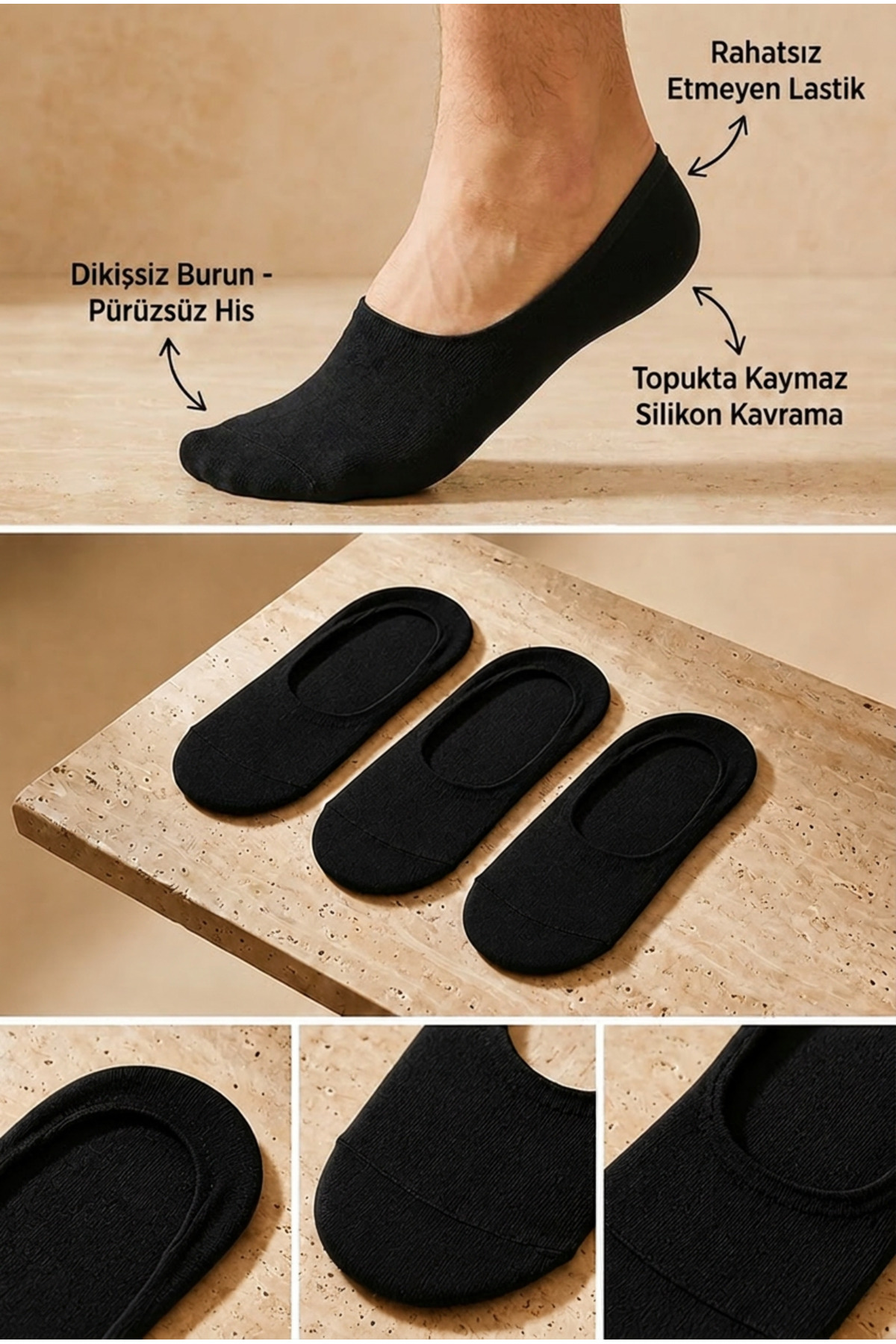 Katia&Bony 3'lü Paket Basic Erkek Görünmez Çorap Siyah/Siyah/Siyah görsel 4