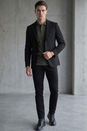 İmza Siyah Siyah Mono Yaka Gofreli 6 Drop Slim Fit Esnek Ceket 1002260150