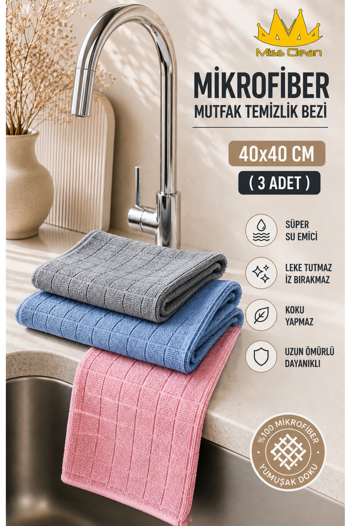 ( 3 Adet ) Sihirli Mutfak Bezi Süper Su Emici Leke Tutmaz 40*40 Cm