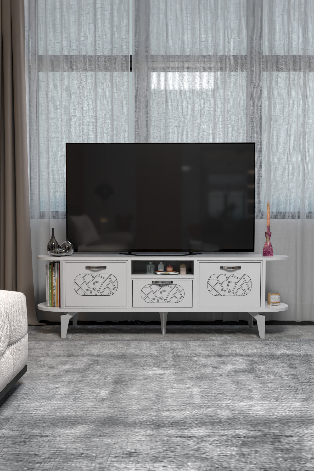 Goldfalez Mira Gümüş TV Ünitesi Beyaz 160 görsel 3