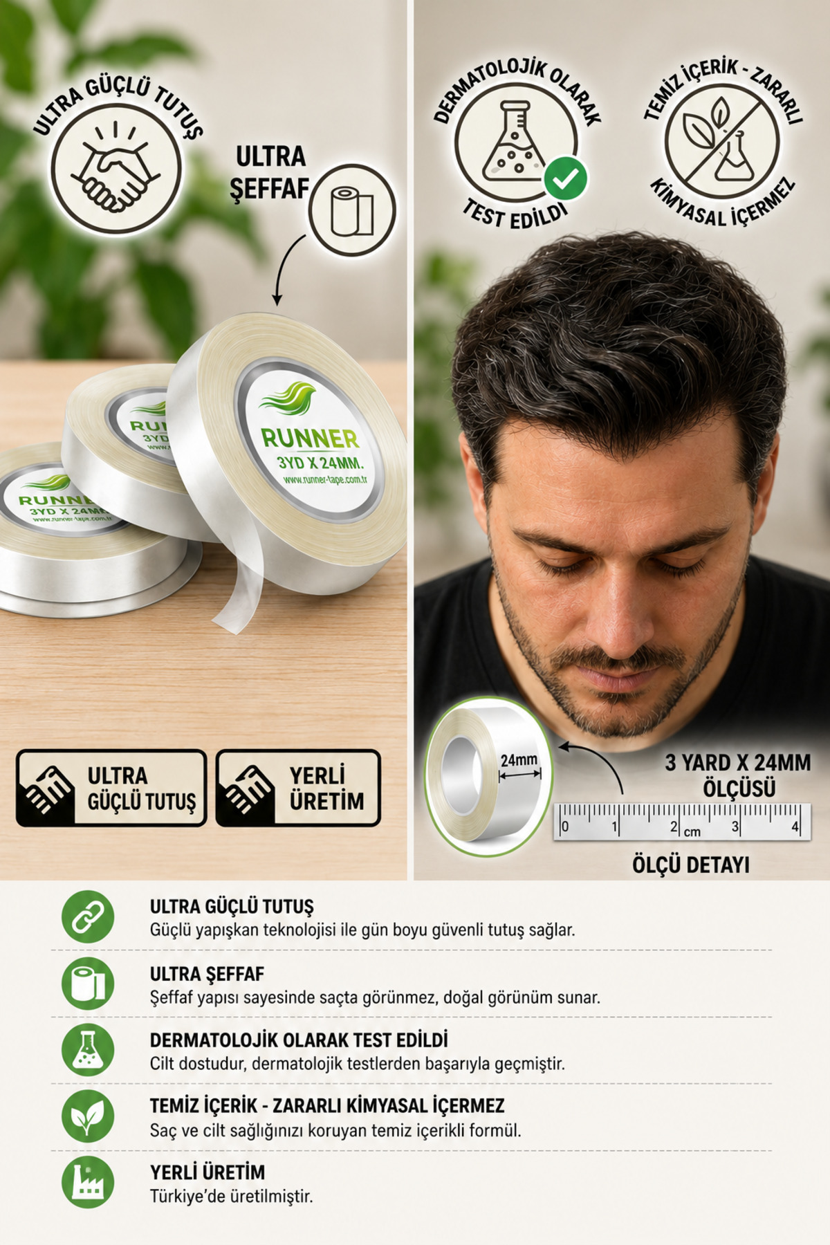 RUNNER Ultra Güçlü Protez Saç Bandı 3 Yards x 24 mm - Yerli Üretim Dermatolojik Testli Şeffaf Bant — RUNNERBANT3
