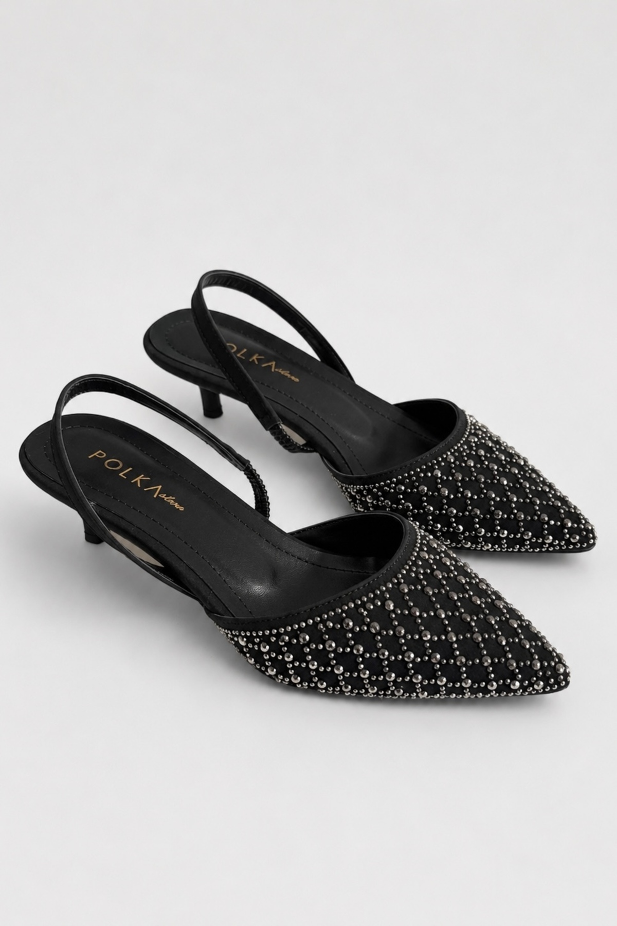 POLKA STORE Over Işıltılı Sivri Burun Arka Açık Stiletto Bantlı Abiye Kısa Topuklu Kadın Ayakkabı
