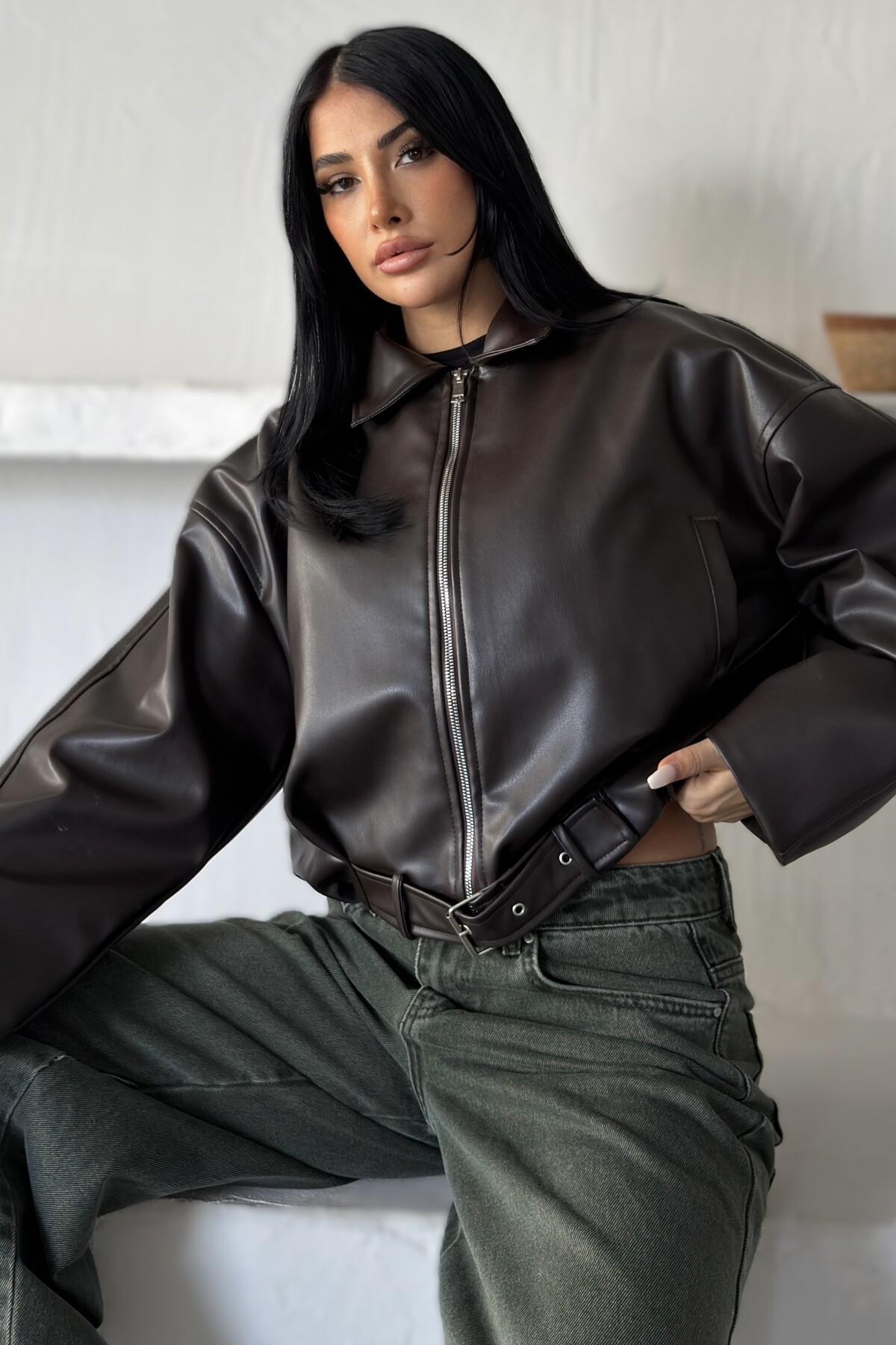 moda armanc Kadın Oversize Bomber Suni Deri Ceket | Yeni Sezon Kemerli Biker Ceket görsel 2