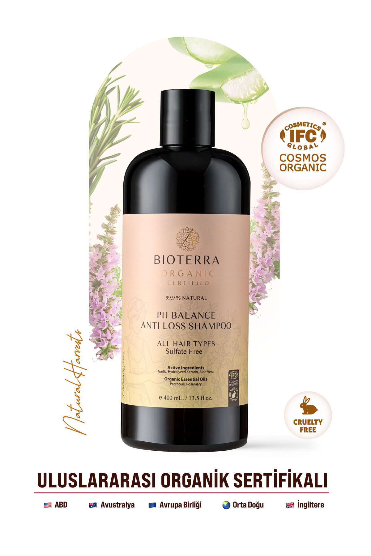 Bioterra Organik Sertifikalı pH Balance Dökülme Karşıtı Şampuan – Sarımsak, Keratin ve Aloe Vera Sülfatsız Bakım 400 ml | pH Balance Anti Loss Shampoo — 700 82 069
