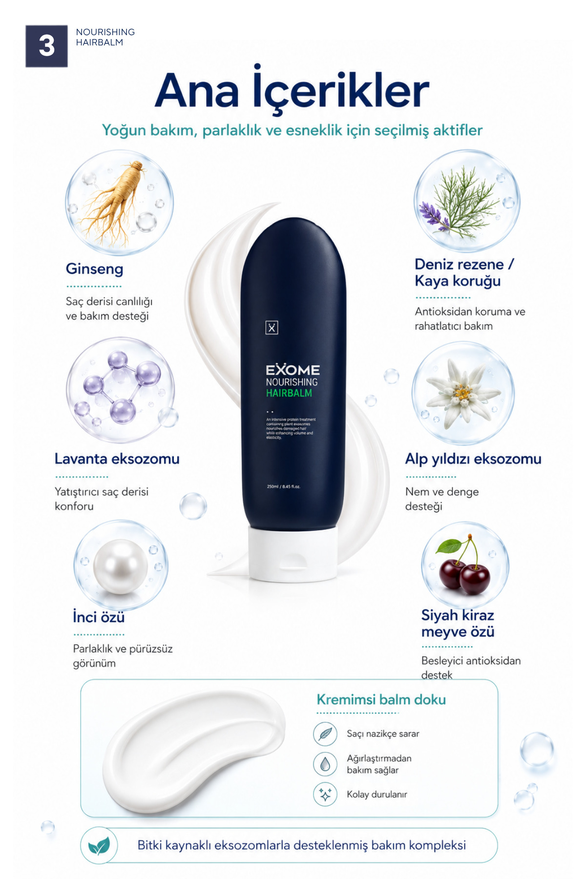 Onarıcı Saç Kremi | Eksozomlu Besleyici Bakım | Kuru ve Yıpranmış Saçlar İçin | Hair Balm | 250 ml — Exome008 — تصویر 4 از 6