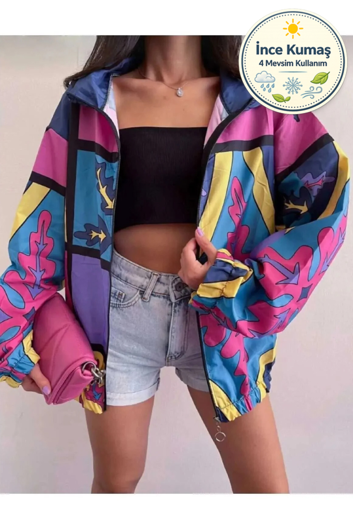 Lushen Unisex Paraşüt Kumaş Oversize Dijital Baskılı Siyah Rüzgarlık Yağmurluk İnce Ceket