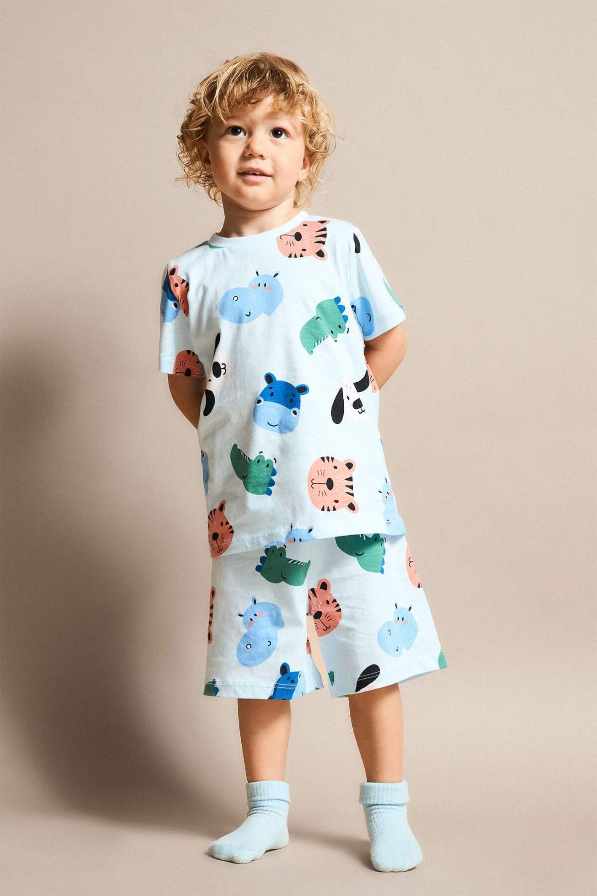 Defacto 100% Cotton Animal Printed 2-Piece Pajama Set Light Blue Baby Boy H7902A526Hs