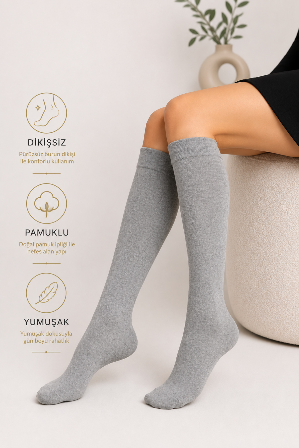 Kadın Dizaltı Pamuk Yumuşak Uzun Dikişsiz Çorap / Pantolon Çorabı / Teni Göstermeyen Çorap Gri
