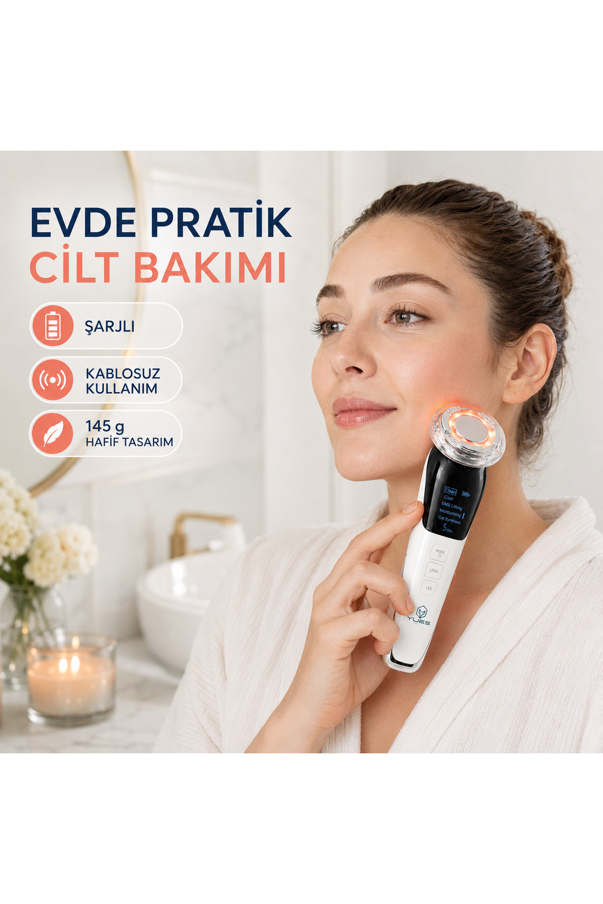 Akıllı Güzellik Robotu – 5 Mod, Sıcak/Soğuk Kompres, EMS Mikro Akım, Cilt Temizleme & Germe — سفید D818 — تصویر 8 از 9